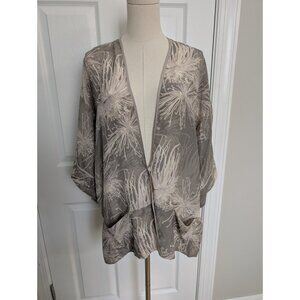 Halston Heritage Silk Kimono Jacket Beige Floral M/L Vacay Festival Quite Luxury
